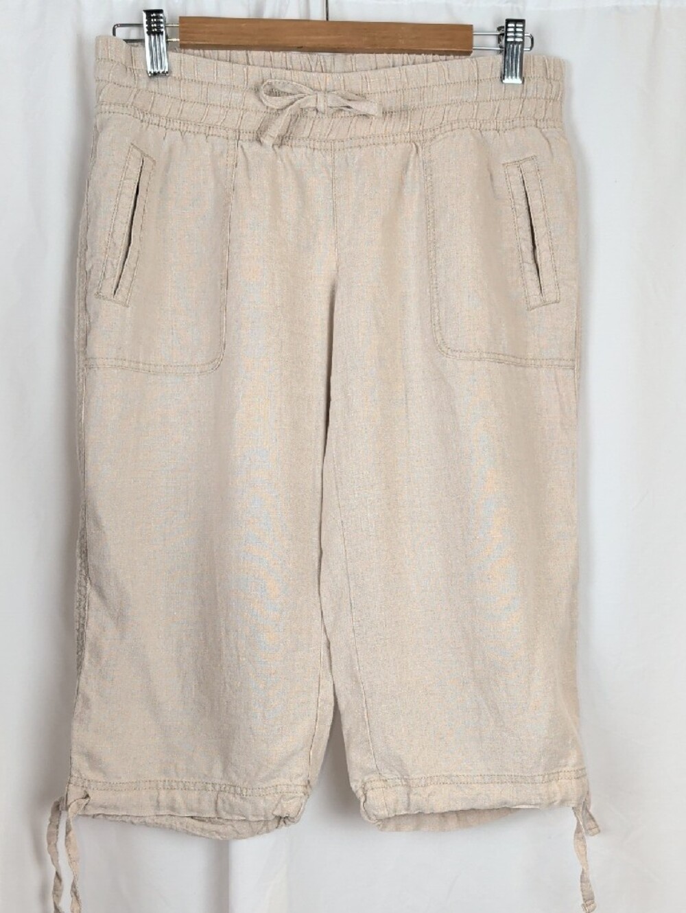 Simons Twik Beige 100% Linen Drawstring Capri Pants Size Medium EUC